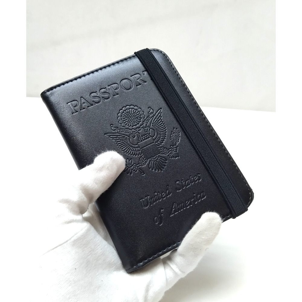 Black Leather USA Travel Passport Holder